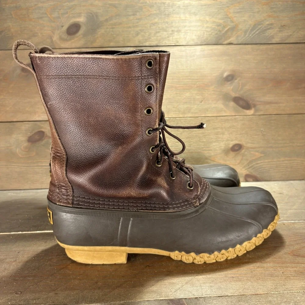 LL Bean Mens size 10 wide shoes Brown Leather Waterproof Tall Lace Up Duck boots